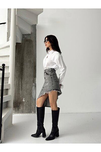 KENE JEANS Women's Skirt Tassel Asymmetric Denim Skirt