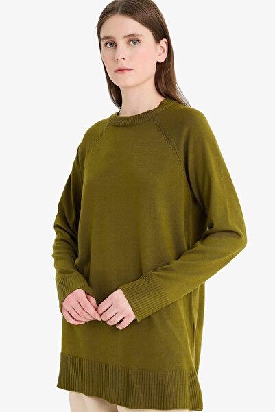 DeFacto C4474Axkh463 Khaki Regular Fit Crew Neck Basic Plain Knit Sweater Tunic