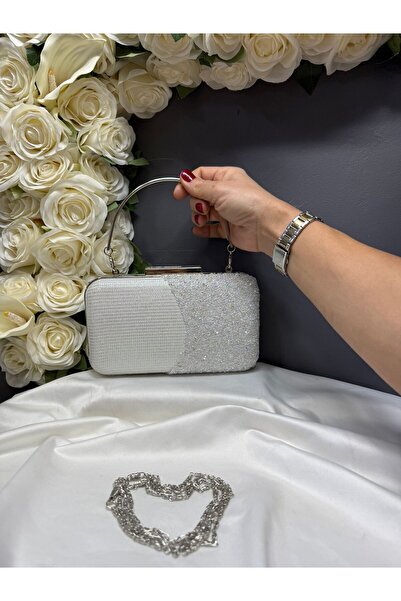 MİOSSA Women's White Stylish Evening Bag with Half Stone Detail