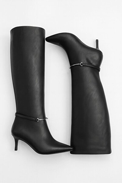 cevaplus Black Women's Leather Pointed Toe Thin Heeled Boots