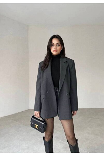 Butik kadın antrasit çift düğmeli blazer ceket