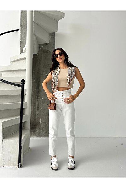 SHEVEGA Women's White Patterned Buttoned Belt with Drawstring Mom Jeans