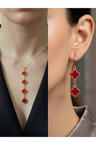 Red Clover Chain Detail Women's Necklace Earrings Set