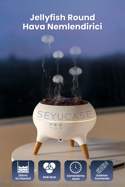 SEYUCASE Jellyfish Round Hava Nemlendirici Aroma Difüzörü Aromaterapi RGB Led...