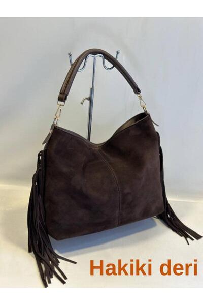 modvina Bitter Brown Genuine Suede and Leather Dual-Use Floral Women's Shoulder Bag