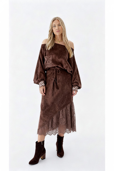 Matcha Butik طقم تنورة وبلوزة بوهو مخملية للنساء باللون البني