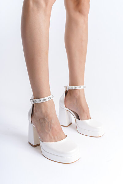 Redoxy Women's White Platform Heeled Stone Paved Wedding Dress Shoes (Mold Half Number Is Bigger.)