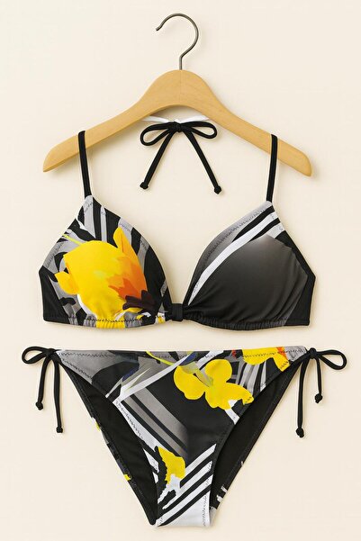 RAPAPA Women's Triangle Patterned Bikini Set – Black Gray Yellow Floral Printed , Adjustable Drawstring 1001-522