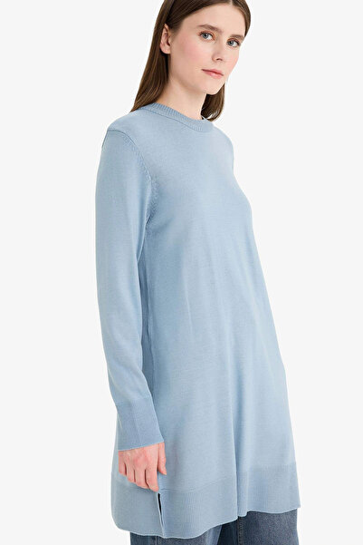 DeFacto H3431Azbe174 Blue Regular Fit Crew Neck Slit Basic Plain Knitwear Sweater Tunic