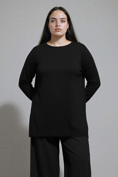 DeFacto H3431Azbk27 Black Regular Fit Crew Neck Slit Basic Plain Knitwear Sweater Tunic