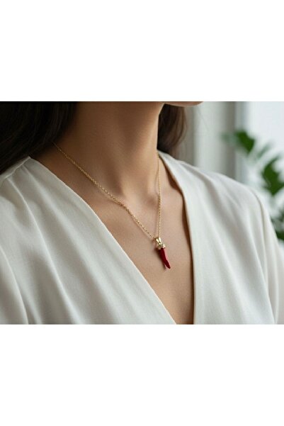 Luxmon Kırmızı Çelik Biber Şans Kolyesi Unisex Altın Renk Zincir