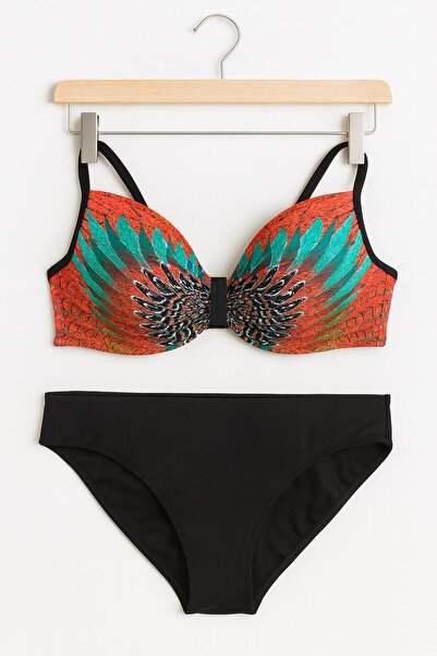 RAPAPA Women's Patterned Padded Bikini Set – Wing Pattern Top & Black Bottom 1280-09