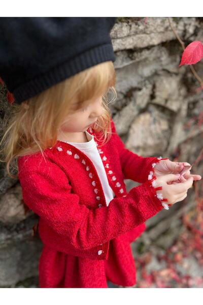 Magu Girl's Cotton Red Knitted Detailed Cardigan & Pleated Skirt Set