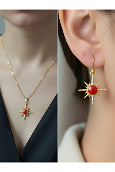 TURBİJ Red Stone Sun Glamorous Women's Necklace Earring Set