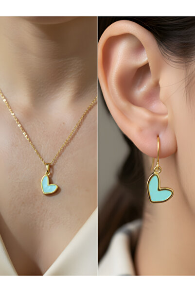 TURBİJ Mint Heart Detail Women's Necklace Earring Set