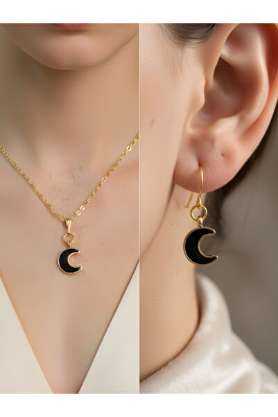TURBİJ Black Crescent Detail Women's Necklace Earring Set