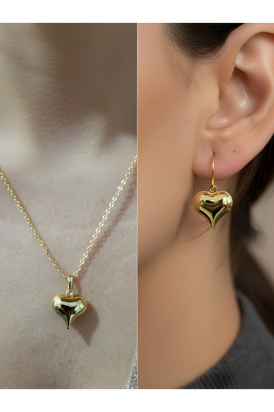 TURBİJ Shiny Heart Tip Detail Women's Necklace Earring Set