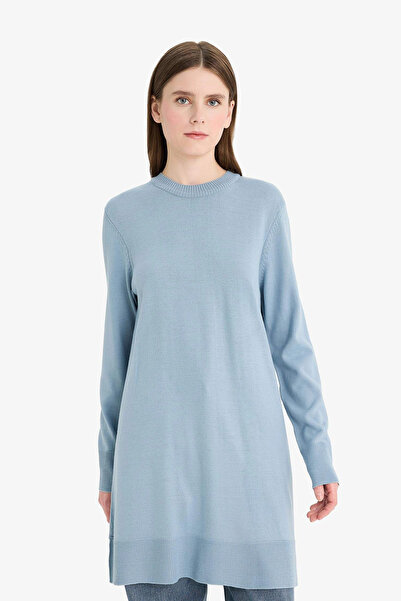 DeFacto H3431Azbe174 Blue Regular Fit Crew Neck Slit Basic Plain Knitwear Sweater Tunic