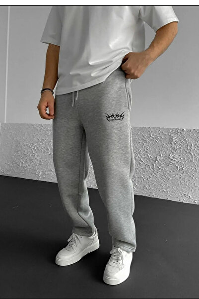 prtnc protonic Printed Oversized 3 Thread Baggy Ş Fleece-Lined Sweatpants Gray