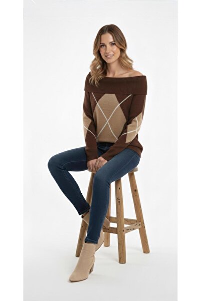 Cockatoo Women's Brown Beige Madonna Collar (Argyle) Argyle Pattern Open Shoulder Knitwear Sweater