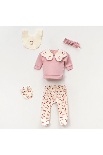 Magu Girl's Cotton Pink Cherry Embroidered 5-Piece Set – Collared Sweatshirt & Patterned Bottoms