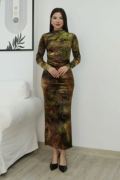 lodmela Patterned Ruched Detail Premium Velvet Dress 6063-Khaki