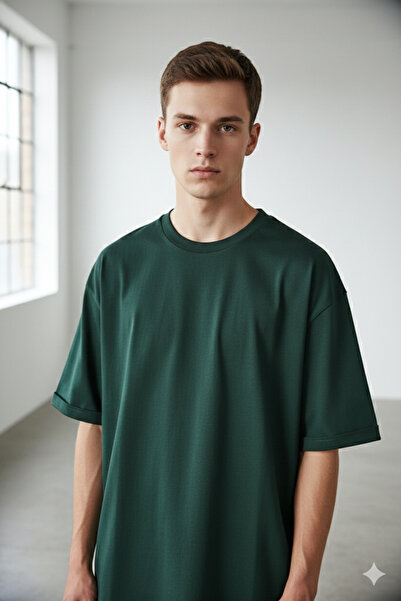 A&O Style Men's Nefti Green Oversized Crew Neck Basic Cotton T-Shirt