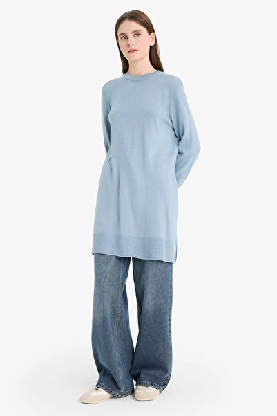 DeFacto H3431Azbe174 Blue Regular Fit Crew Neck Slit Basic Plain Knitwear Sweater Tunic