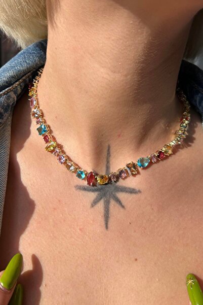 TAKIŞTIR Altın Renk Taş Detaylı 14K Altın Kaplama VİP Kolye