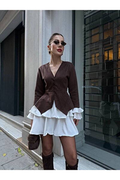YK FASHION Süet Mini Fırfır Detaylı Takım
