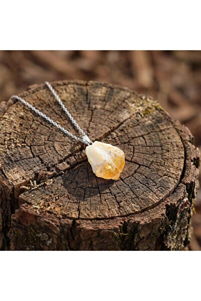 Taş Sandığı Ham Sitrin Taşı Çelik Kolye – Para Taşı