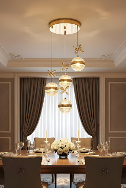 IŞILAY AYDINLATMA Elsa Sarı Kaplama 4'lü Sarkıt ( 3 Renk Işık ) Modern LedAvize / Salon / Otuma Odası