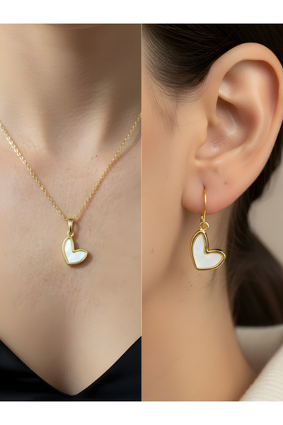 TURBİJ White Pearl Heart Exquisite Detail Women's Necklace Earring Set