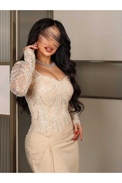 Genrics Beige Barbie evening dress with lace detailing