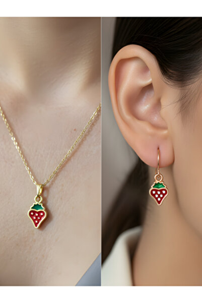 TURBİJ Strawberry Figure Detail Women's Necklace Earring Set