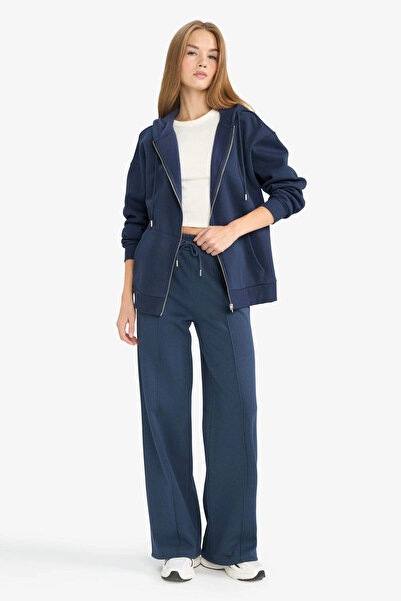 DeFacto V4233Aznv256 Navy Blue Oversized Wide Fit Hooded Zippered Sweatshirt