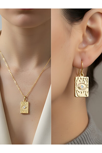 TURBİJ Rectangular Evil Eye Embossed Women's Necklace Earring Set