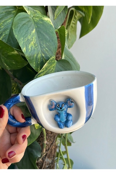 visera Stitch Figürlü Mavi Çizgili Seramik Kupa