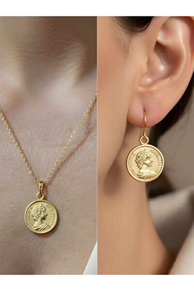 TURBİJ طقم أقراط وقلادة نسائية بتفاصيل ميدالية عتيقة