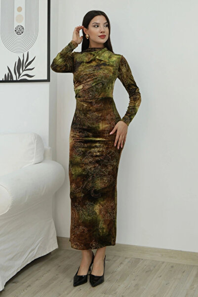 lodmela Patterned Ruched Detail Premium Velvet Dress 6063-Khaki