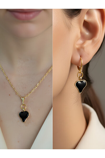 TURBİJ Black Heart Detail Women's Necklace Earring Set