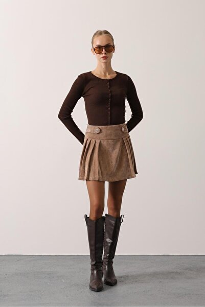 M&S moda evi Fitilli Düğme Detaylı Kadife Mini Etek Bej