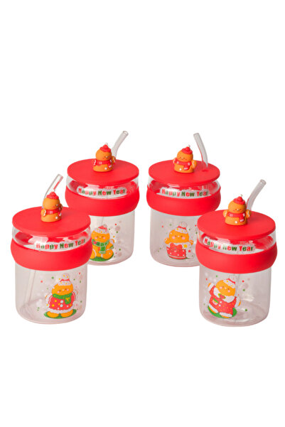 Tohana New Year Glass Mug with Straw Cookie Man