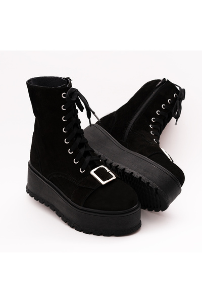 VAGAM Ghete din Piele Naturala Negre cu Platforma