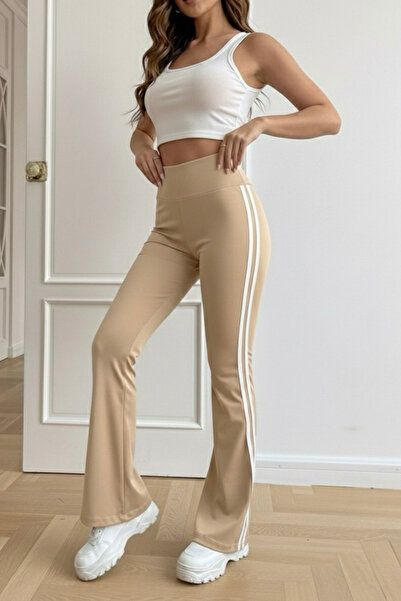 oshebu Μπεζ- Γυναικείο ελαστικό ύφασμα εφέ σύσφιξης Κολάν με ρίγες στο πλάι καμπάνα