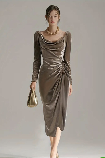 missamour Women's Long Sleeve Waist Drawstring Detail Midi Velvet Dress