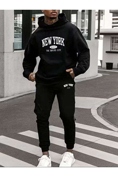 Marco Fresco Unisex 3 Thread New York B Printed O Oversized K Hooded Tracksuit Set