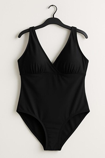 RAPAPA Plus Size Cross V-Neck Black Shaping / Sculpting Swimsuit –7284