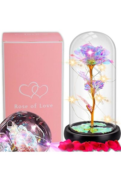 OEM Trandafir criogenat în cupolă de sticlă cu iluminare LED, 21x11 cm, plastic și sticlă, multicolor