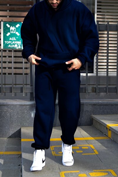 ruNadeS Men's Soft Textured Oversized Kangaroo Pocket Hooded Tracksuit Set - Home Wear